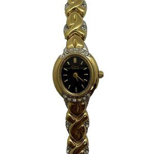 Vtg Caravelle by Bulova Quartz Womens Oval Watch Two Tone Black Face Rhinestones